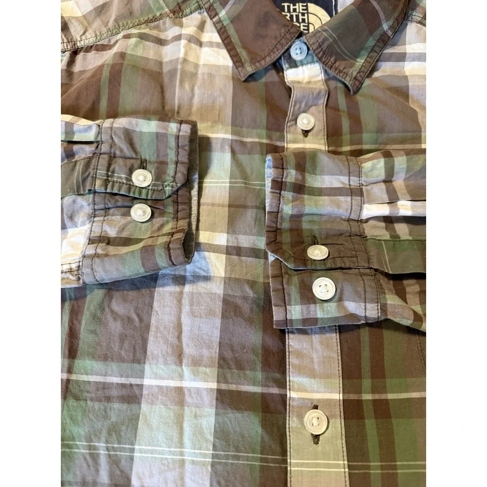 The North Face Men's L Plaid Long Sleeve Button Down Shirt Brown Green Outdoor